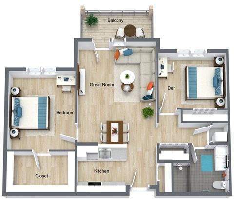 Floor plan for 1 bed, 1 bath, 962 sqft